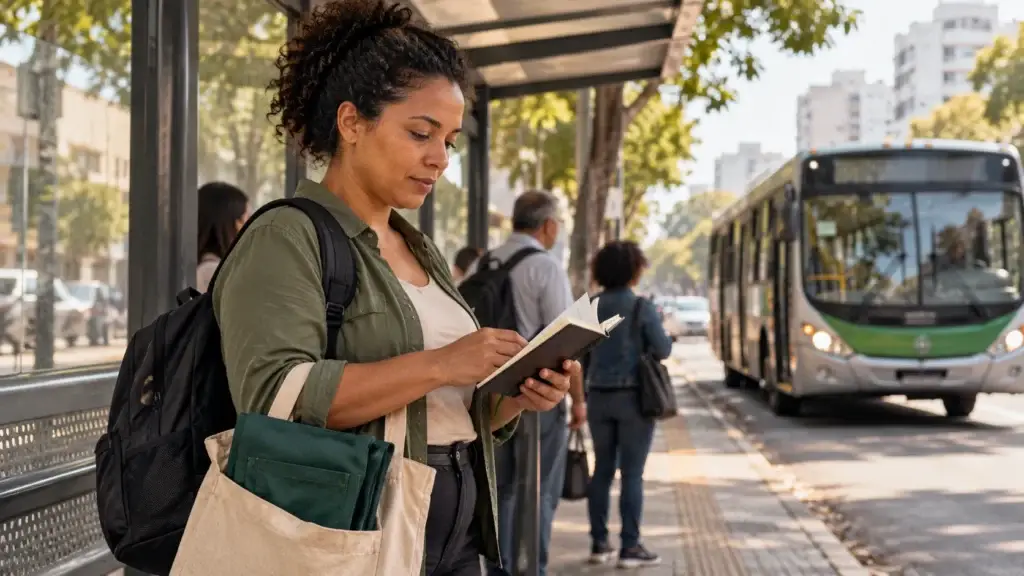 Mulher com mochila consulta uma agenda em um ponto de ônibus.