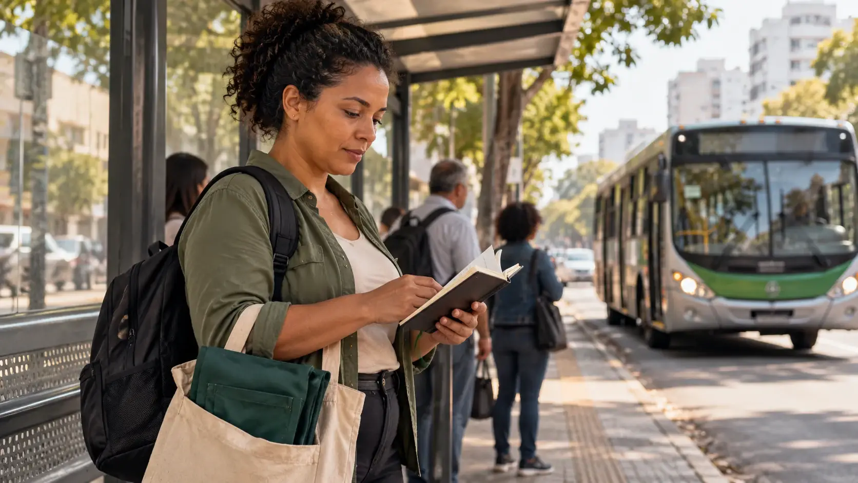 Mulher com mochila consulta uma agenda em um ponto de ônibus.