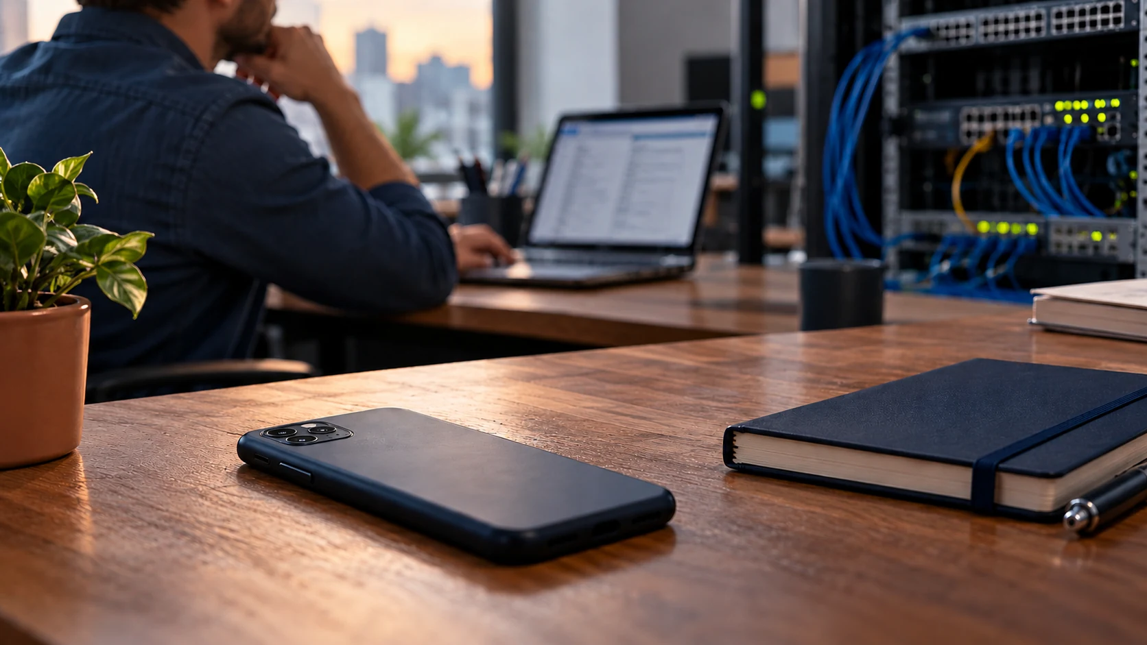 Celular e notebook em uma mesa, com equipamentos de rede ao fundo.