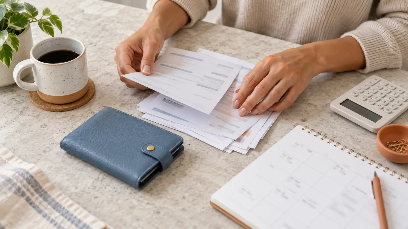 Mãos organizam contas ao lado de uma agenda e calculadora.