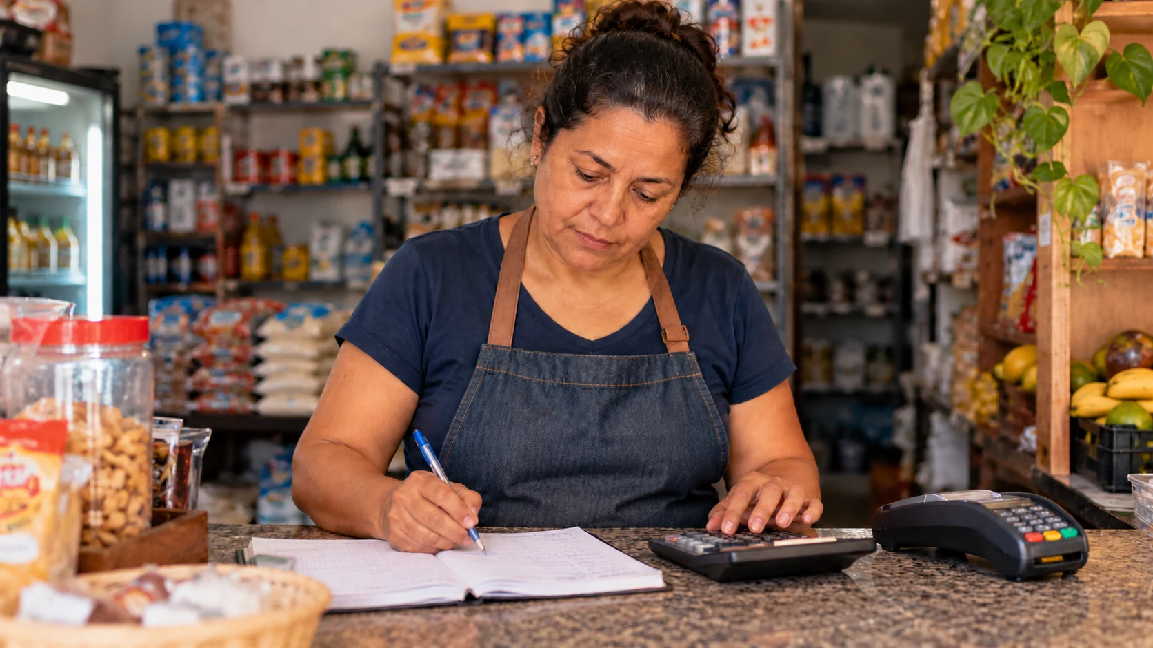 Comerciante confere o caixa diário com calculadora e maquininha no balcão.