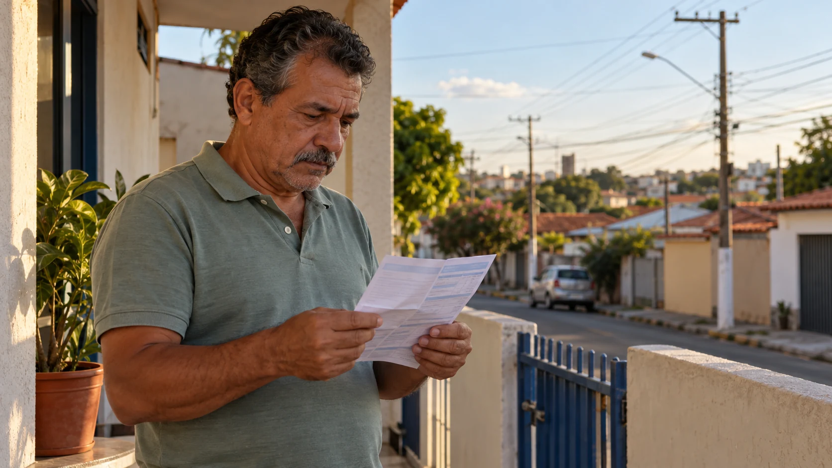 Homem confere a fatura de energia na varanda, com a rede elétrica da rua ao fundo.