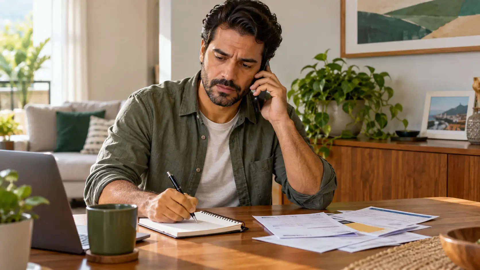 Homem fala ao telefone e faz anotações ao lado de documentos.