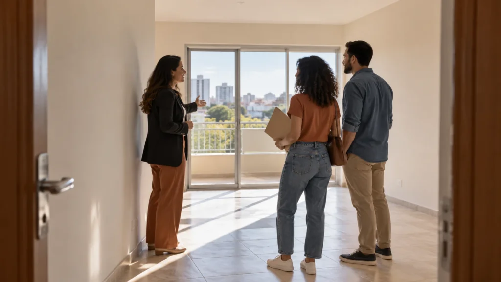 Casal visita um apartamento e conversa sobre a compra.