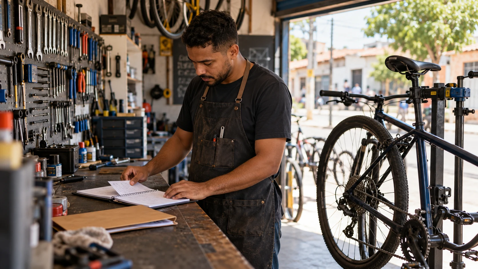 Dono de oficina de bicicletas confere a agenda e os documentos do negócio.