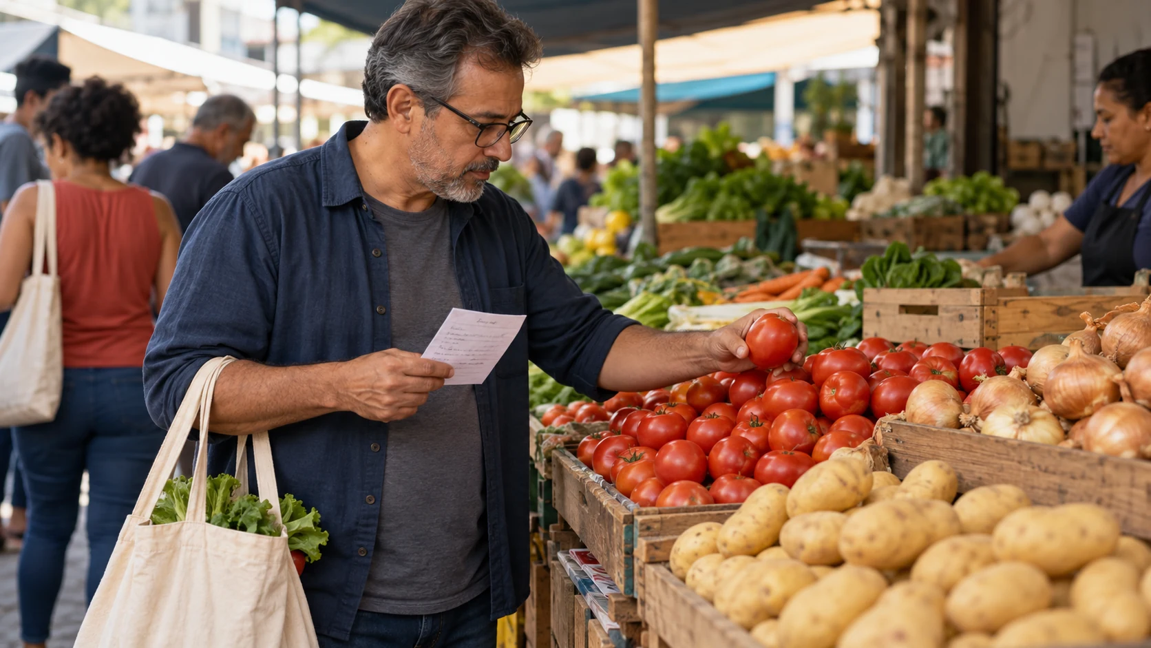 Consumidor confere a lista de compras entre tomates, cebolas e batatas na feira.