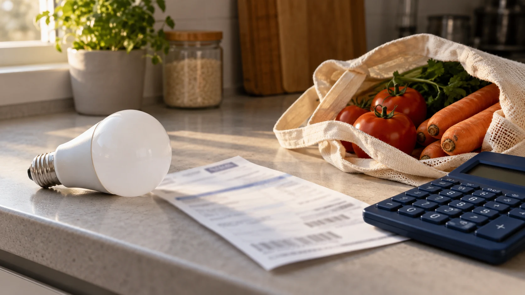 Lâmpada LED, fatura de energia, calculadora e alimentos representam despesas do orçamento doméstico.