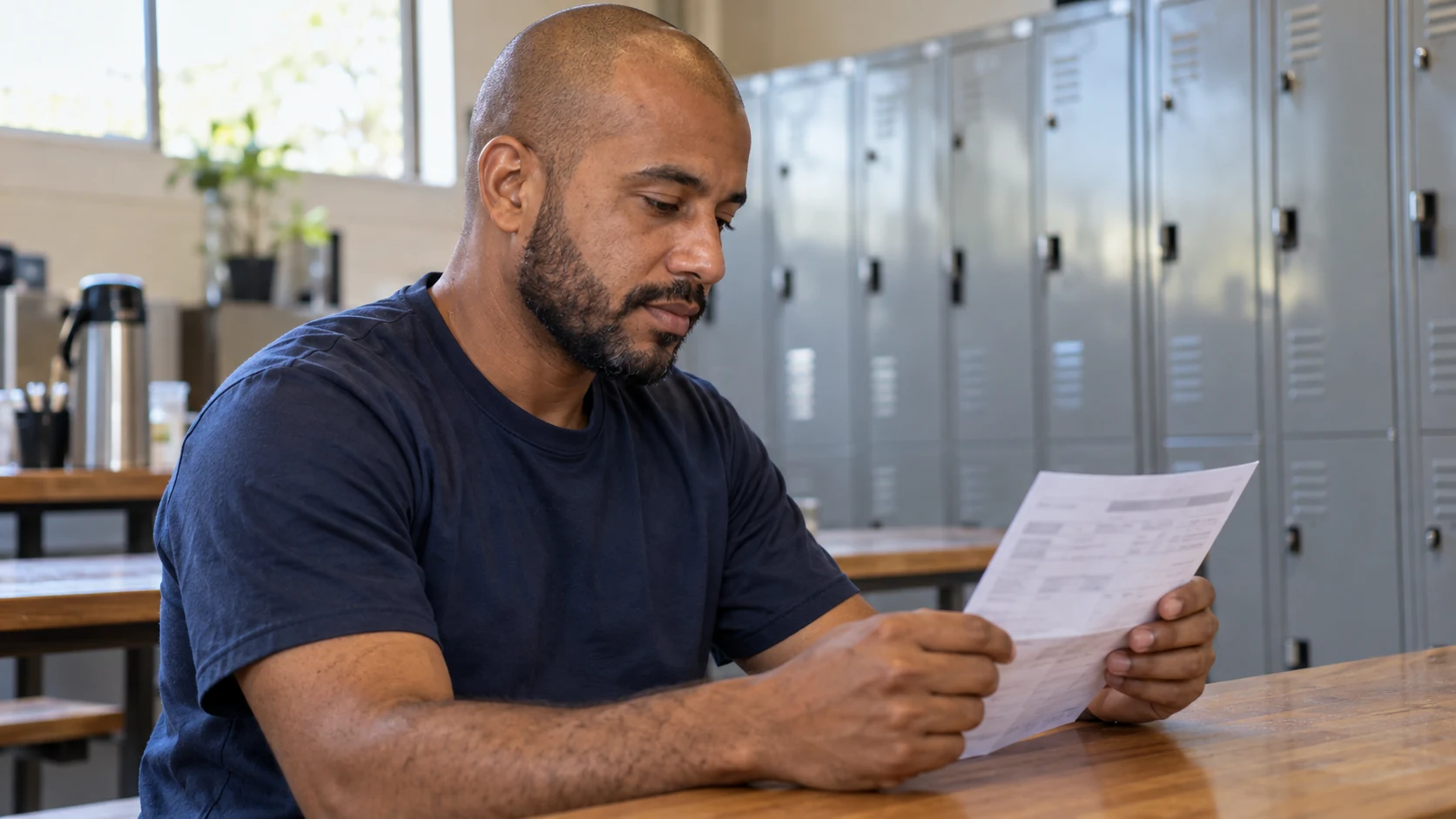 Trabalhador confere o holerite durante uma pausa no trabalho.