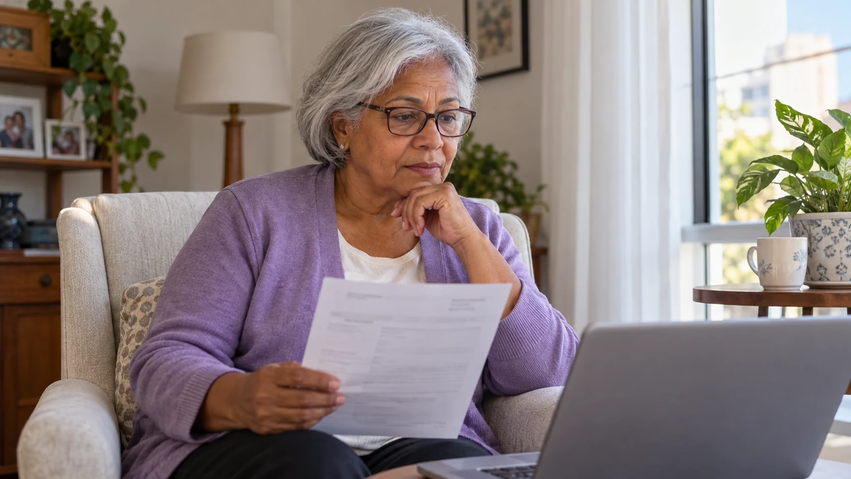 Mulher idosa confere um informe de rendimentos junto ao notebook.