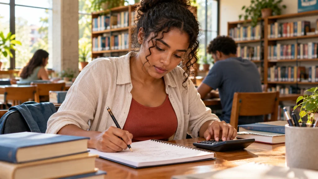 Pessoa estuda com caderno e calculadora em uma biblioteca.