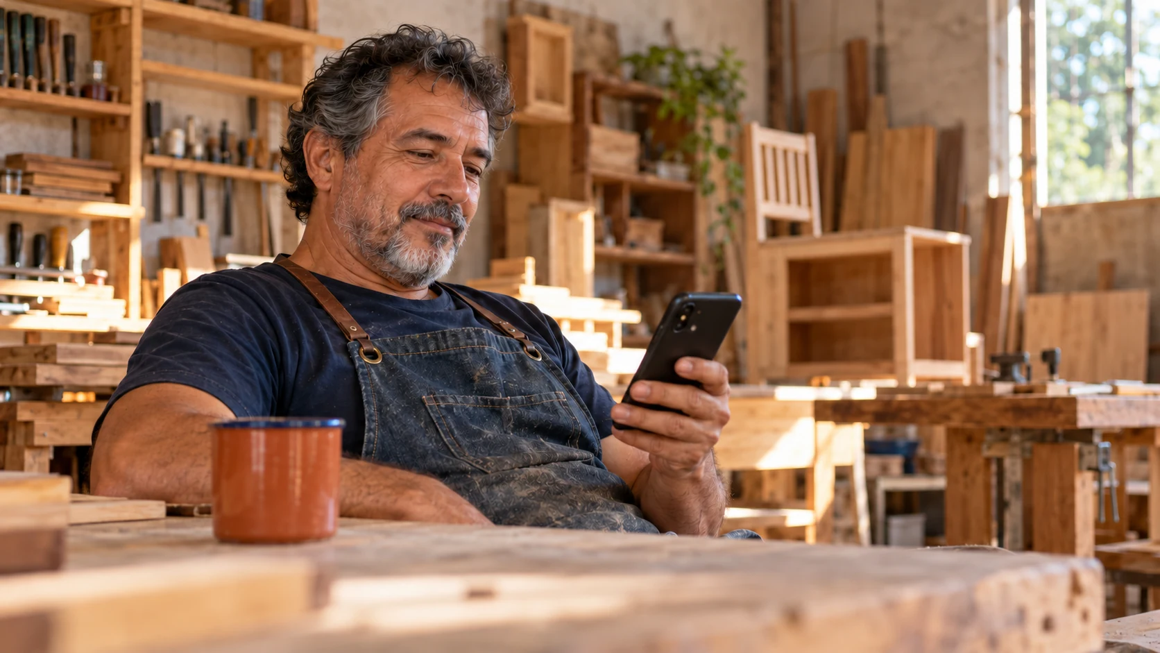 Marceneiro consulta o celular durante uma pausa na oficina.