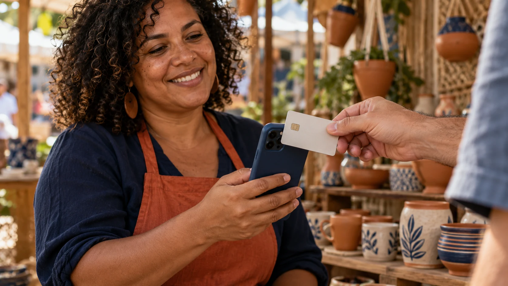 Vendedora recebe cartão por aproximação no celular em uma banca de artesanato.