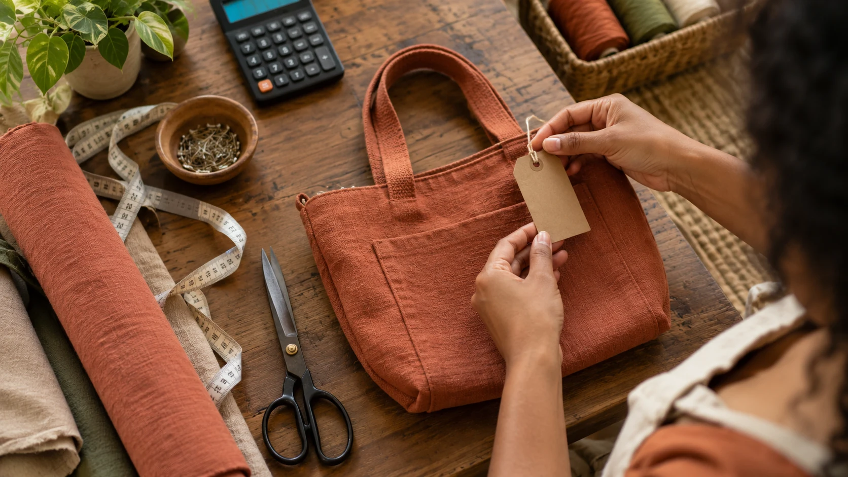 Artesã organiza materiais, calculadora e etiqueta para definir o preço de uma bolsa.