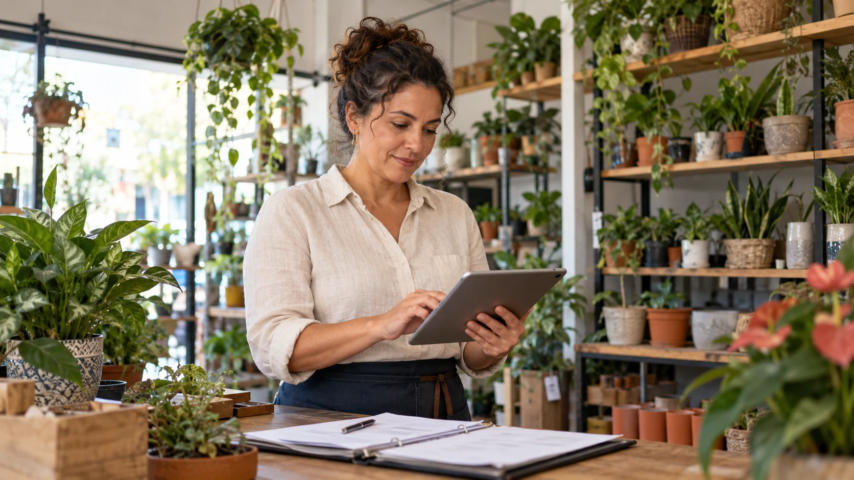 Comerciante consulta um tablet e documentos em uma loja de plantas.