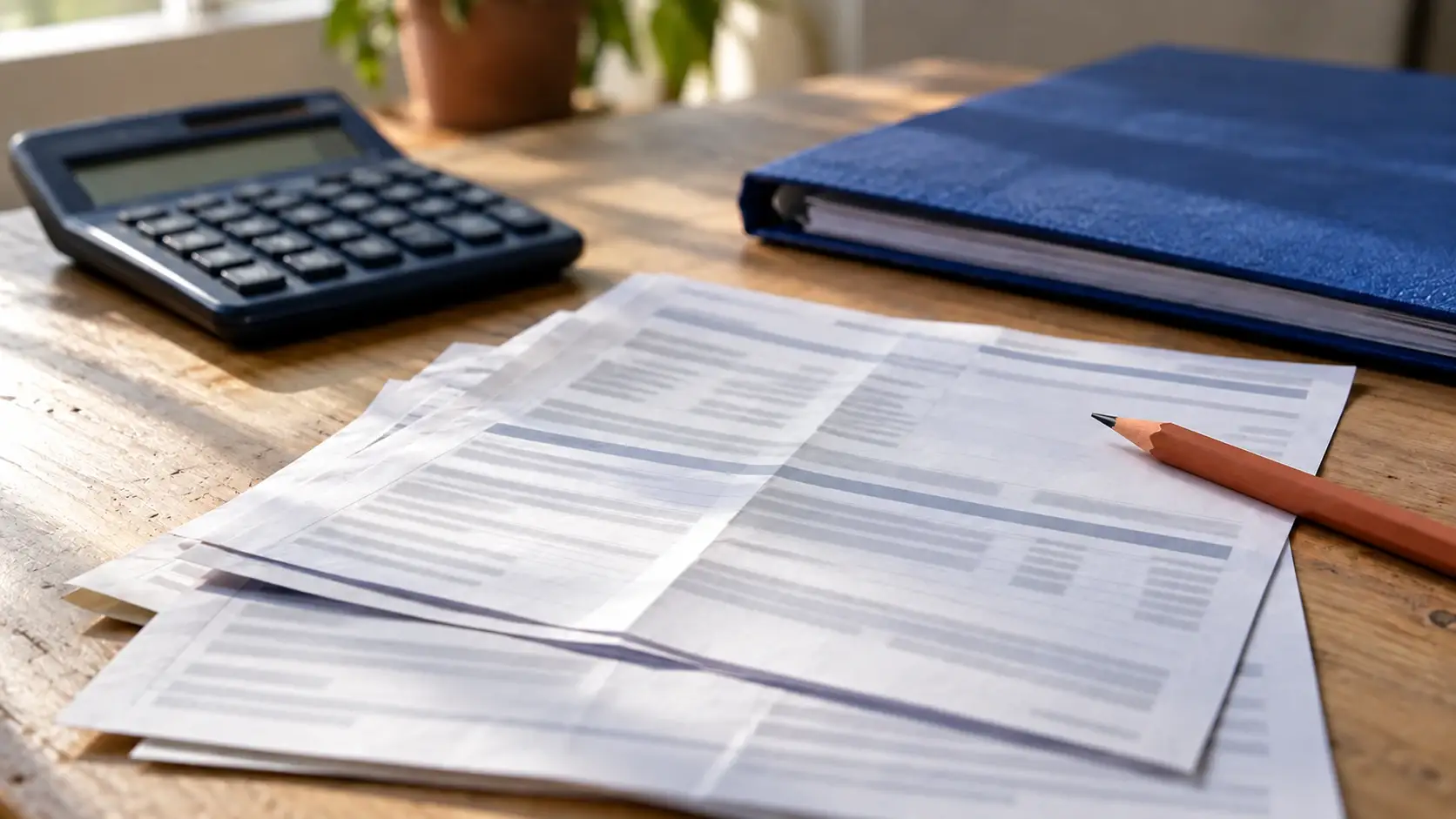 Calculadora e documentos de trabalho sobre uma mesa de madeira.