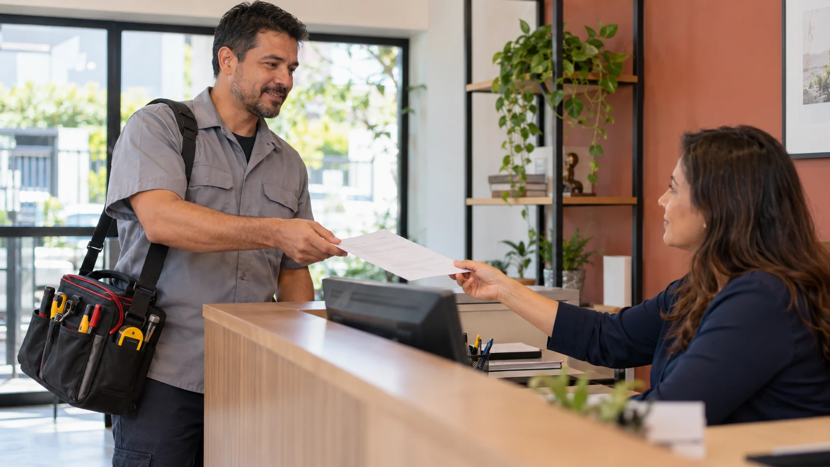 Prestador de serviço entrega um documento a uma cliente em uma recepção.