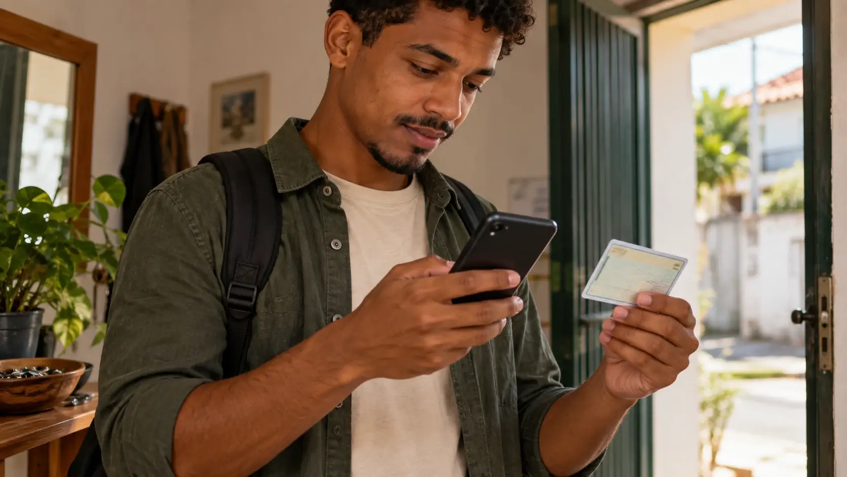 Pessoa consulta um celular segurando um cartão com o verso voltado para a câmera.