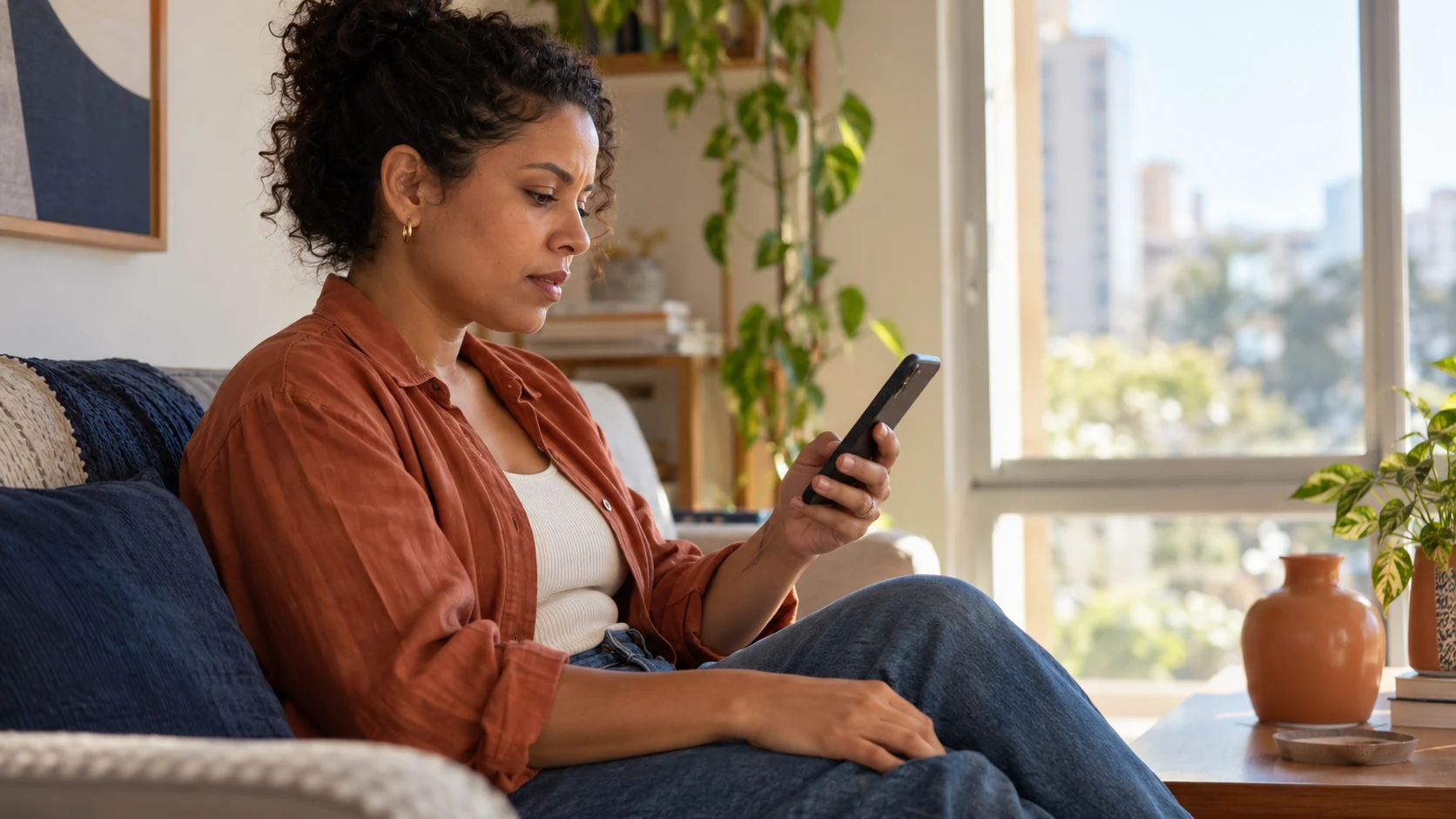 Mulher lê atentamente as informações no celular antes de autorizar uma ação.