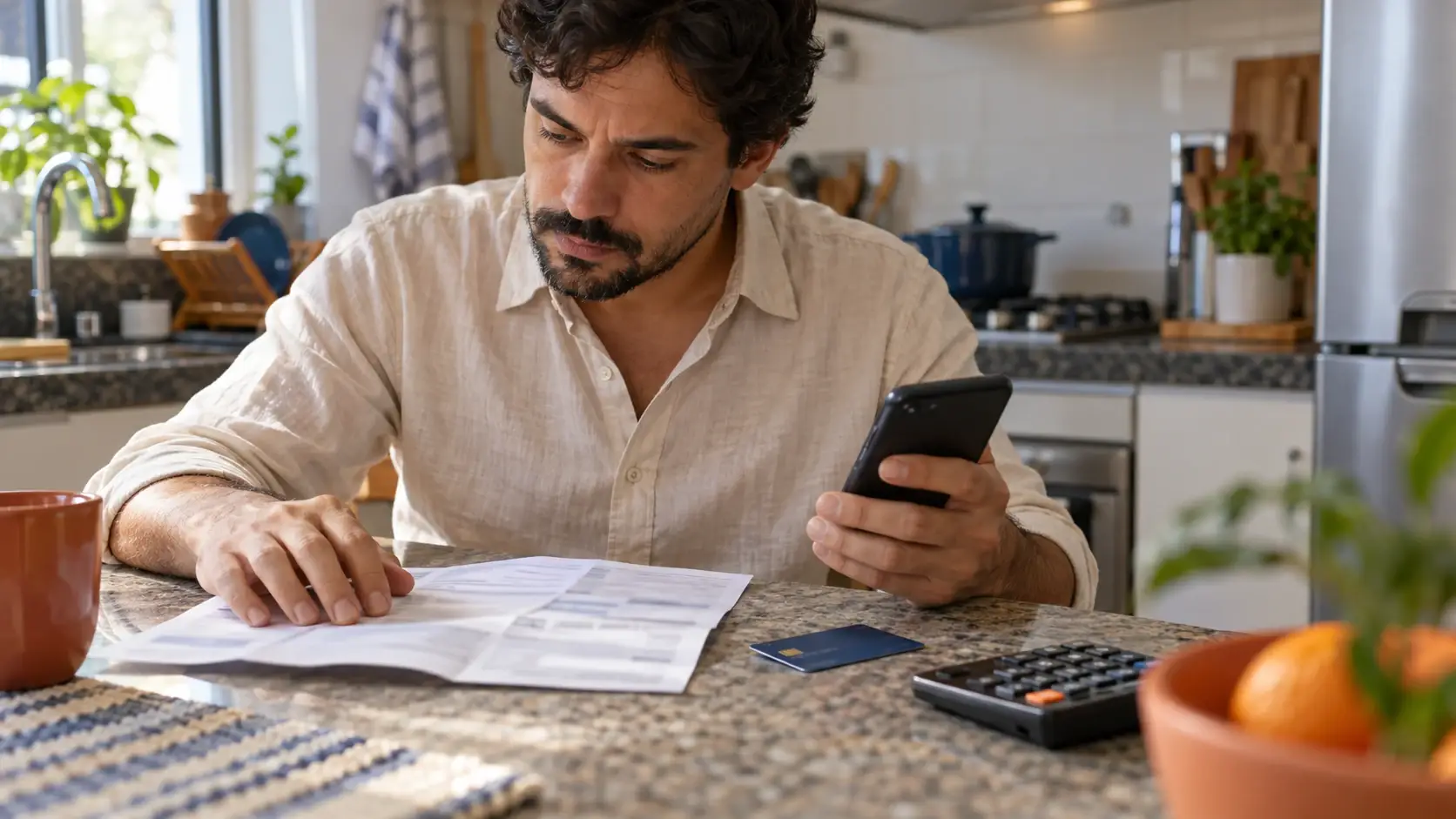 Pessoa confere uma conta com calculadora, celular e cartão sobre a mesa.