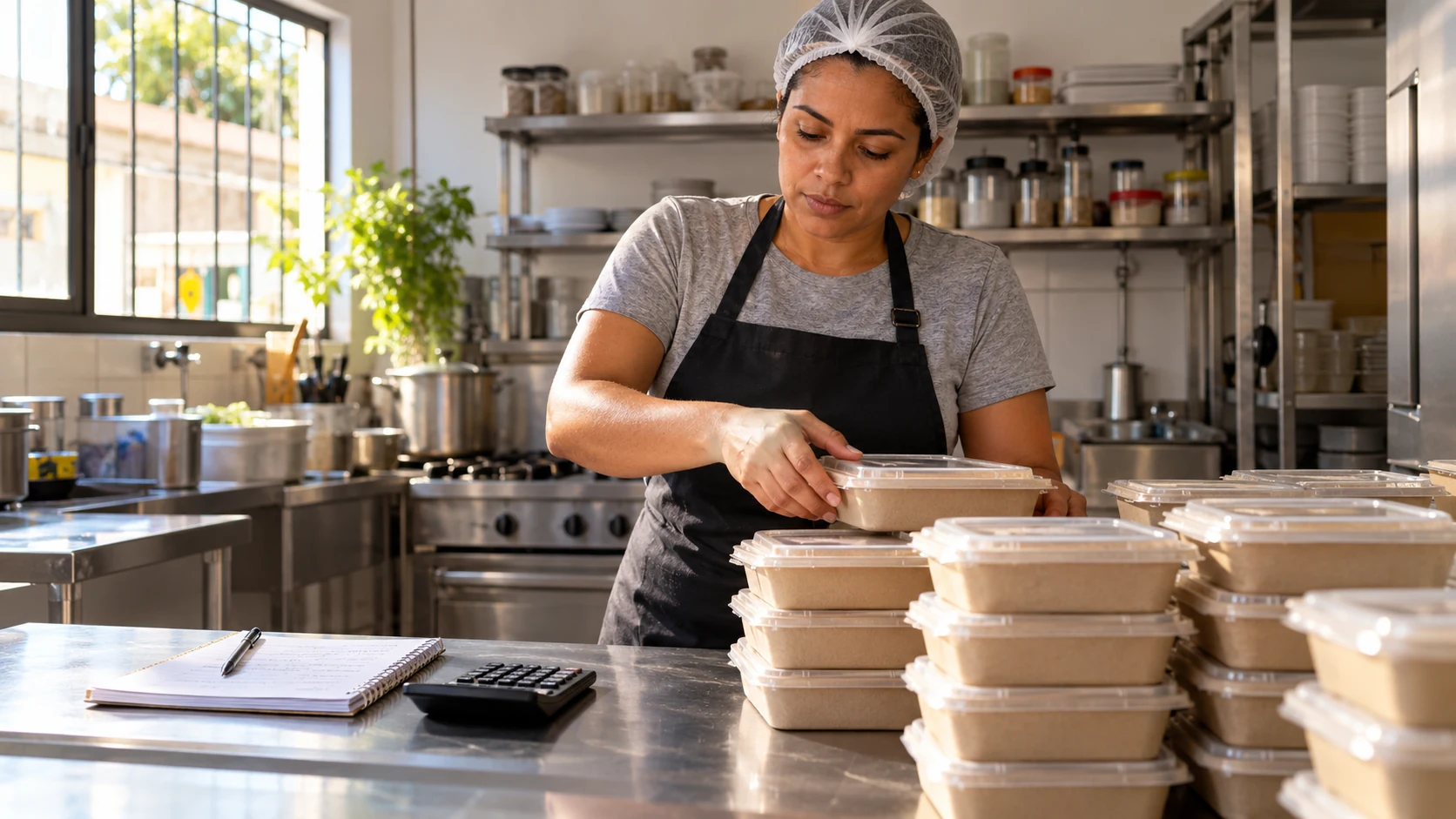 Empreendedora confere quantidade de marmitas e registros de pedidos.