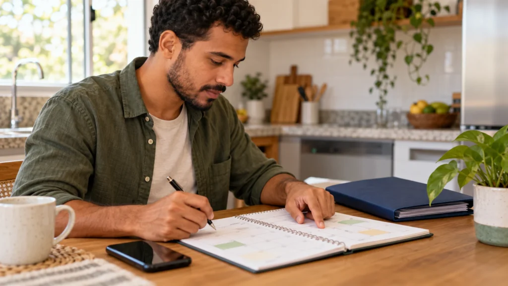 Homem confere uma agenda ao lado do celular e de uma pasta.