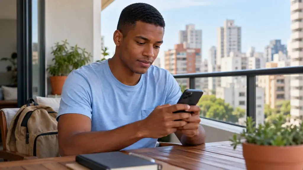 Jovem com mochila faz o primeiro acesso ao app do FGTS no celular.