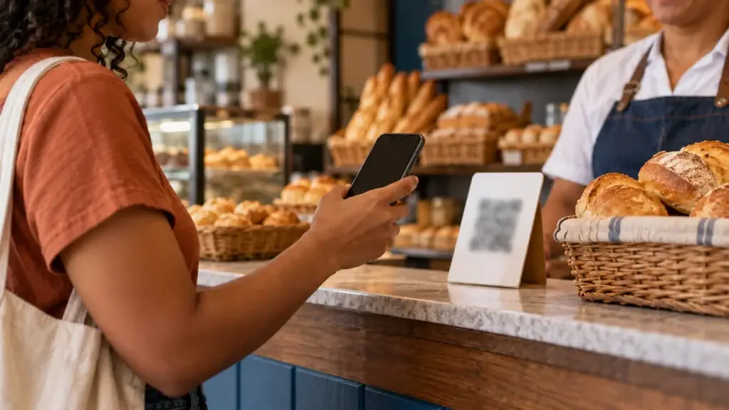 Pessoa aponta o celular para o QR Code Pix no balcão de uma padaria.