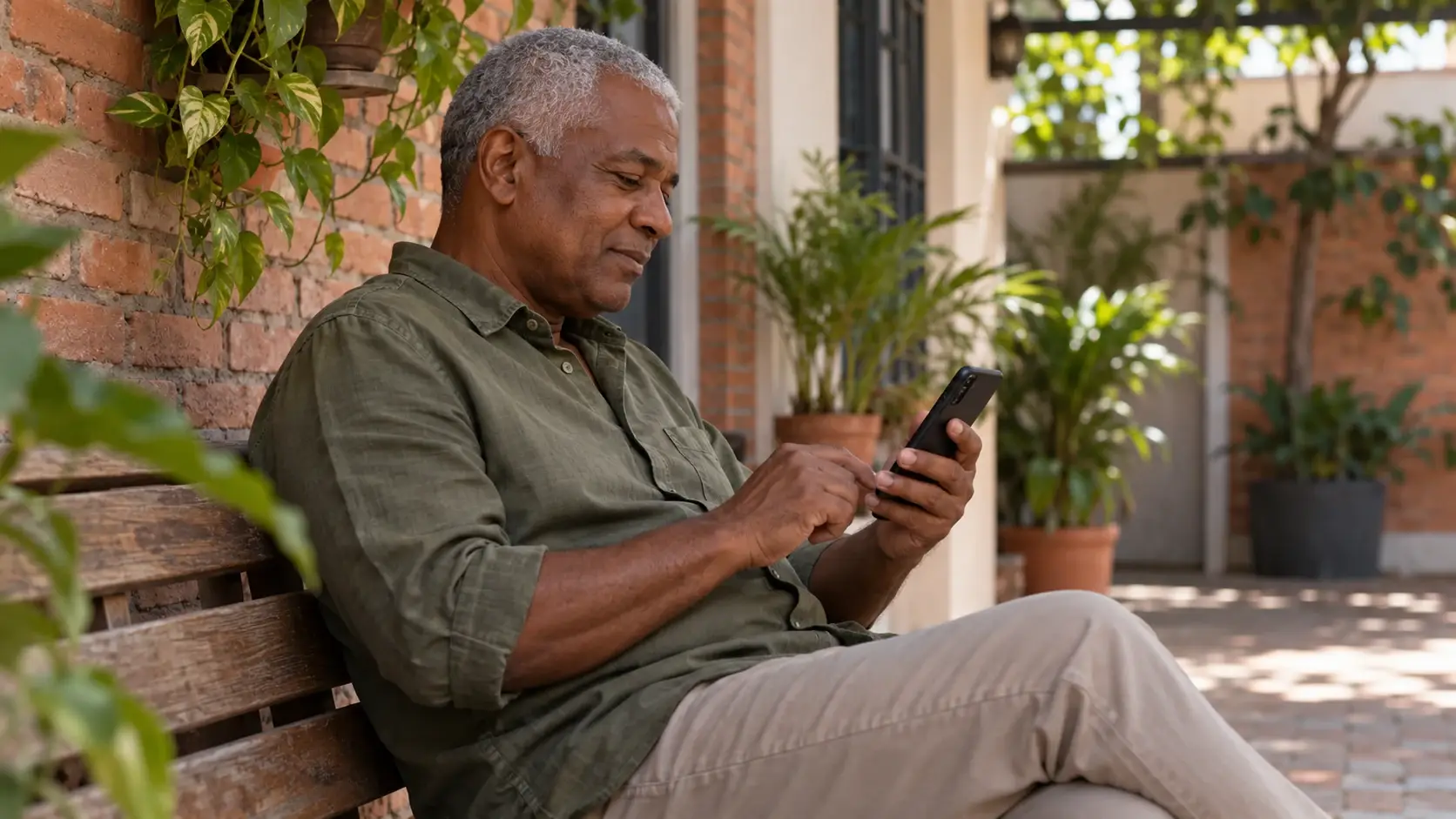 Homem consulta o celular sentado em um pátio.