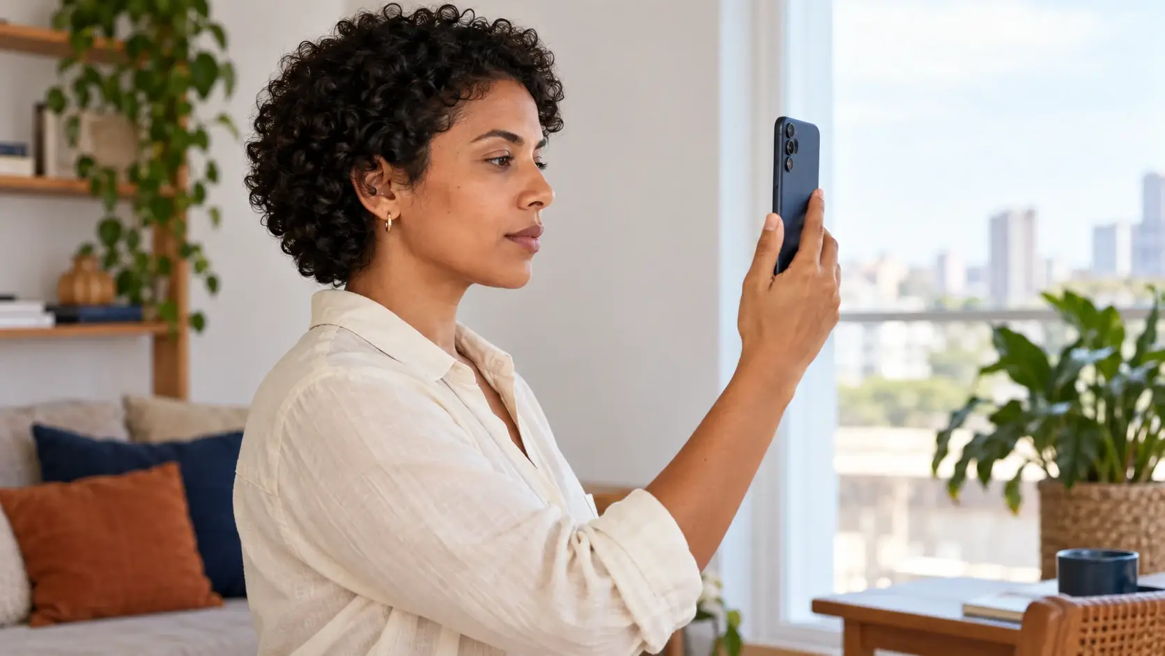 Mulher posiciona o celular diante do rosto para uma verificação de identidade.
