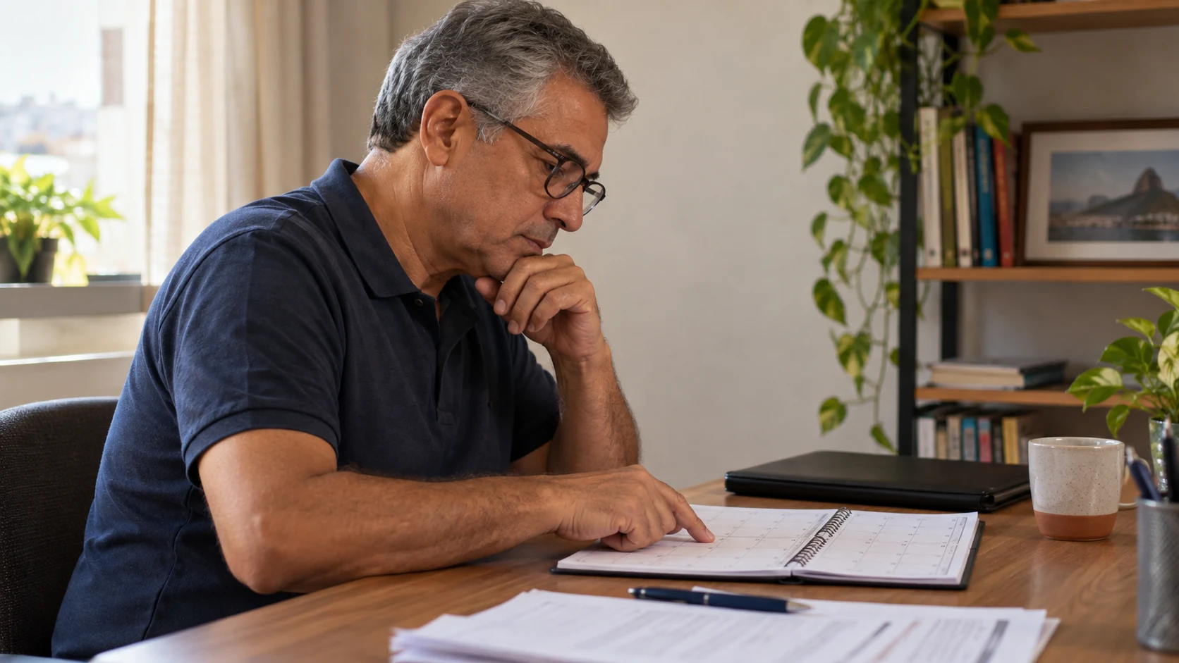 Homem confere um calendário e documentos de trabalho em casa.