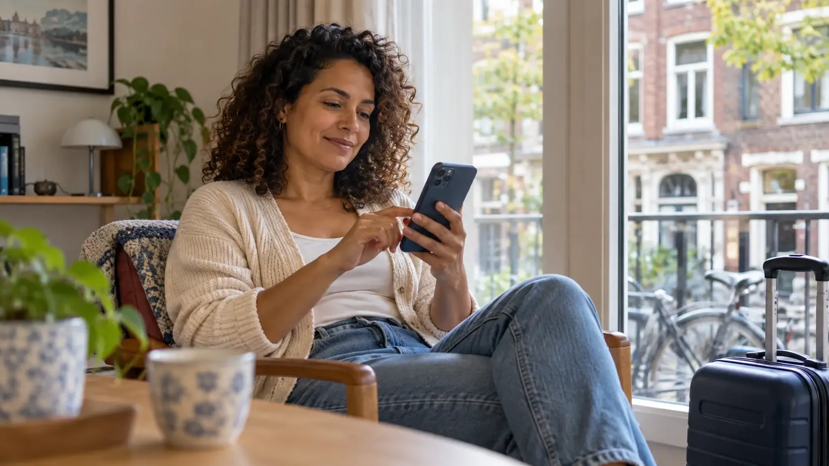 Mulher usa o celular em um apartamento com mala próxima à janela.
