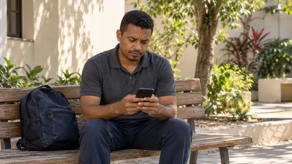 Trabalhador sentado em um banco conferindo informações no celular.
