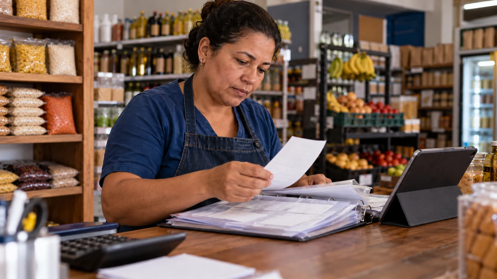 Comerciante revisa comprovantes de pagamentos a fornecedores no balcão do mercado.