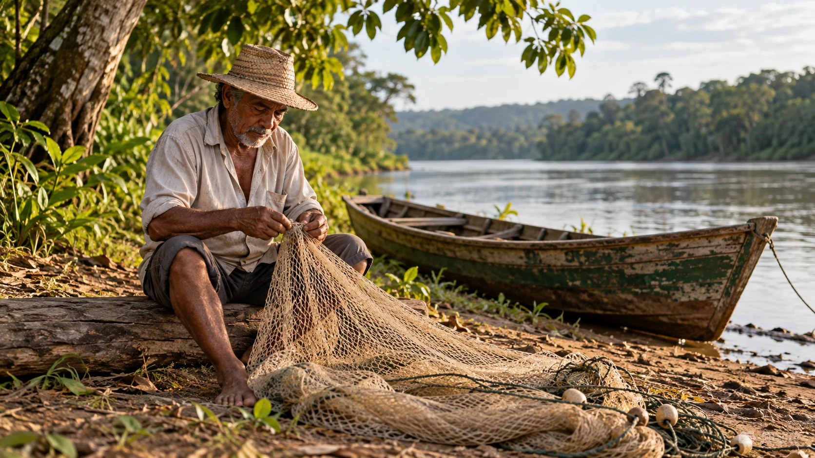 Pescador cuida de uma rede ao lado de um barco parado na margem.
