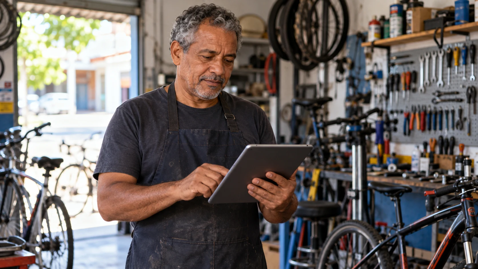 Dono de oficina de bicicletas acompanha informações em um tablet.