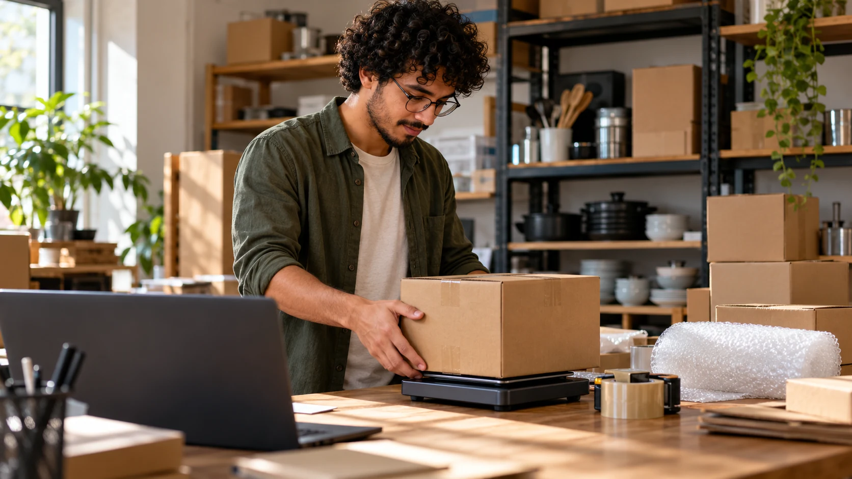 Empreendedor pesa uma encomenda antes do envio de uma venda online.