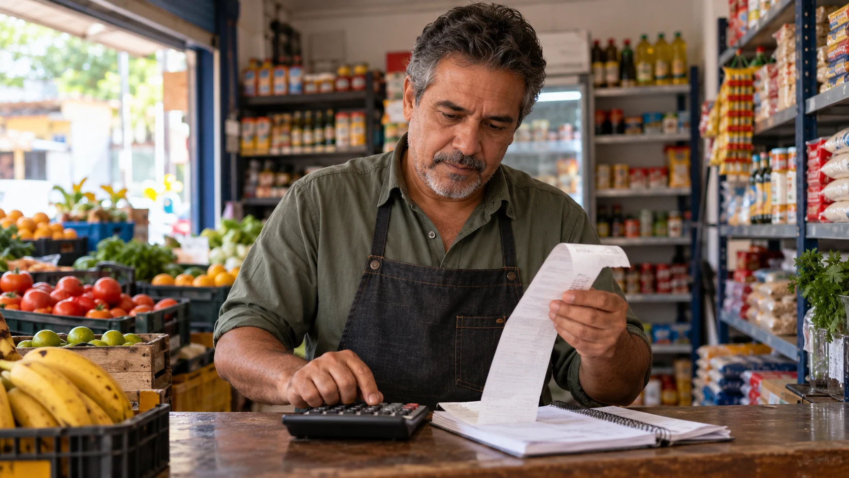 Comerciante confere comprovantes e calculadora no balcão da mercearia.