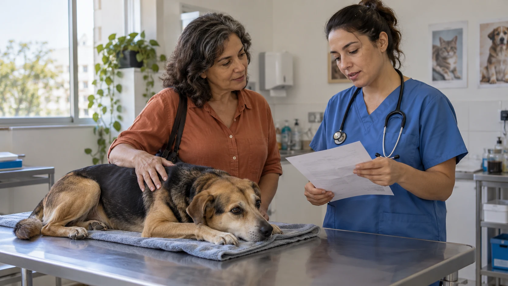 Tutora e veterinária conversam sobre documentos enquanto um cachorro descansa na mesa de atendimento.