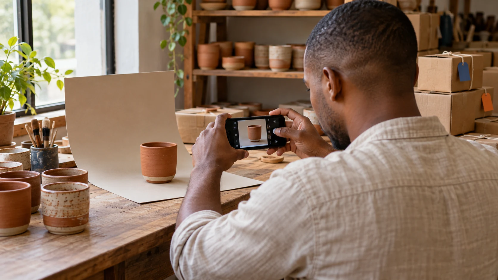 Artesão fotografa uma peça de cerâmica com o celular para montar seu catálogo.